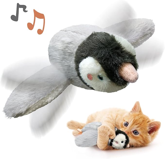 Cat Toys, Flapping Wings Penguin, No Flying, Chirping Bird Interactive Catnip Toy for Kitten or Small Dogs, Touch Activated, Rechargeable