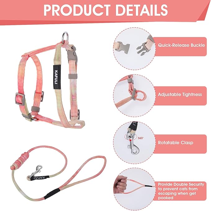 TIESOME Cat Harness and Leash Set, Adjustable Gradient Kitten Harness Escape Proof Harness with Leash for Kitty Outdoor Walking (Orange)