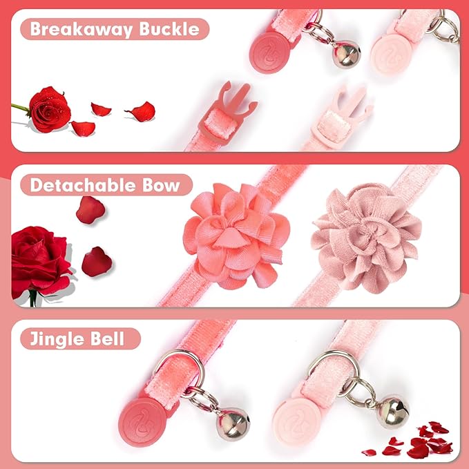 azuza 2 Pack Cat Collar Floral with Bell and Removable Flower Bowtie Breakaway Adjustable Velvet Fabric Cat Collar for Pets and Daily Decoration, Light Pink & Dark Pink