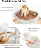 Cat Tree Tower Wooden 37.4''(95 cm), Large Cat Tree with Jump Platform & Play Ball for Indoor Cats, Ideal Cat's Climbing Frame & Playhouse (Linen Fabric Light Grey)