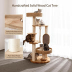 Wooden Cat Tree for Large Cat, Tall Cat Tower with Scratching Post for Indoor Cats, Multi-Level Cat Condo with Hand-Woven Cat Bed and Scratching Board Easy to Clean (48IN)