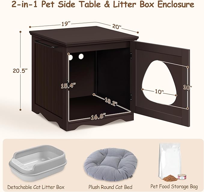 Yaheetech Cat Litter Box Enclosure, Litter Box Furniture Hidden with Towel Bar, Wooden Pet Washroom, Dog Proof Cat Litter Box Cabinet, Indoor Pet House, Side End Table, Espresso