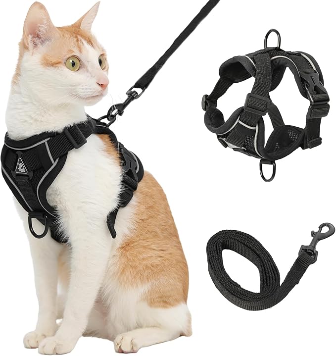 Cat Harness and Leash, Reflective Cat Harness Escape Proof for Walking, Adjustable Kitten Harness and Leash Set, 4 Buckles Easy Control Breathable Cat Vest Harness for All Types of Cats