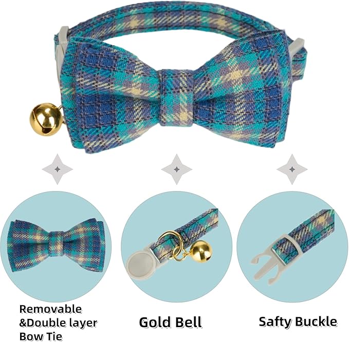 2 Pack Soft Cotton Cat Collars with Bowtie and Bell Breakaway Plaid Cat Kitten Collar(Ocean Blue and Mocha Tweed)