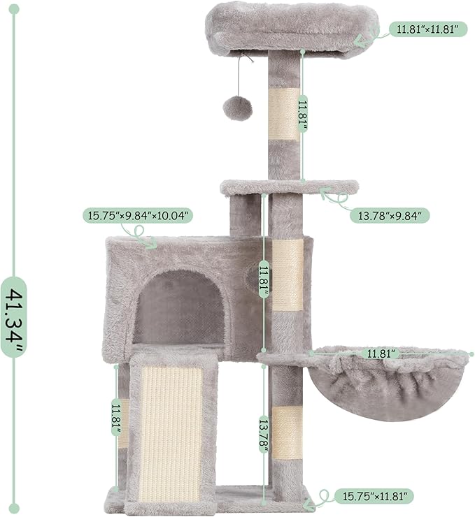Cat Tree, 41.3" Cat Tower for Indoor Kittens with Scratching Board and Posts, Multi-Level Cozy Cat Condo with 2 Perches, Hammock, Balls, Light Gray GCT005SW
