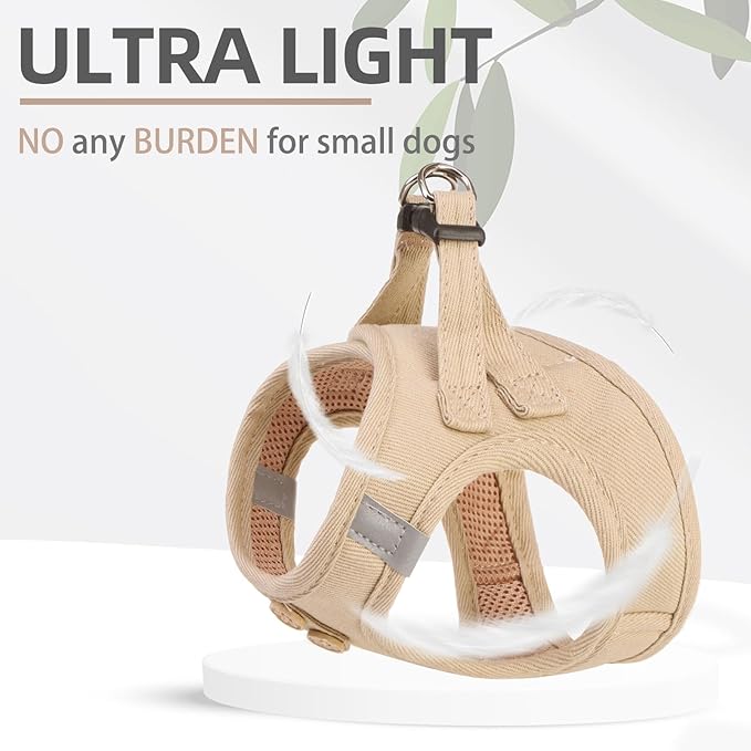 PUPTECK Dog Harness and Leash Set for Small Medium Dogs No Pull Step-in Soft Mesh Puppy Cat Vest Harnesses Reflective at Night, Denim Burlywood S