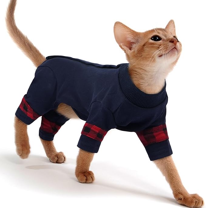 PUMYPOREITY Cat Shirt with Rear Snap Closure, Stretchable Cat Sweater, Comfort Pajamas Post-Bath, Recovery Suit - Full Coverage for Wound Care, Kitten Onesie - Machine Washable, S, Blue