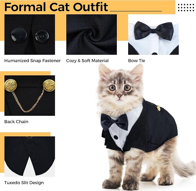 DENTRUN Cat Tuxedo Outfit, Sphynx Cat Costume Formal Suit with Bow Tie, Stylish Cat Shirt Fashion Apparel Fancy Clothes, Kitten Formal Attire Wedding Onesie Costume for Cats Only