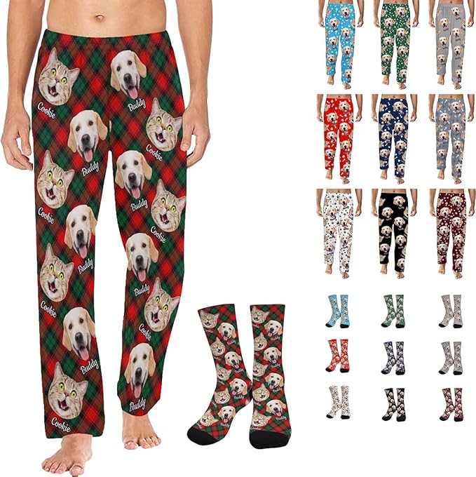 Artsadd Personalized Christmas Pajama Pants Socks for Men Custom Photo Pajama Bottoms for Men S-XXL