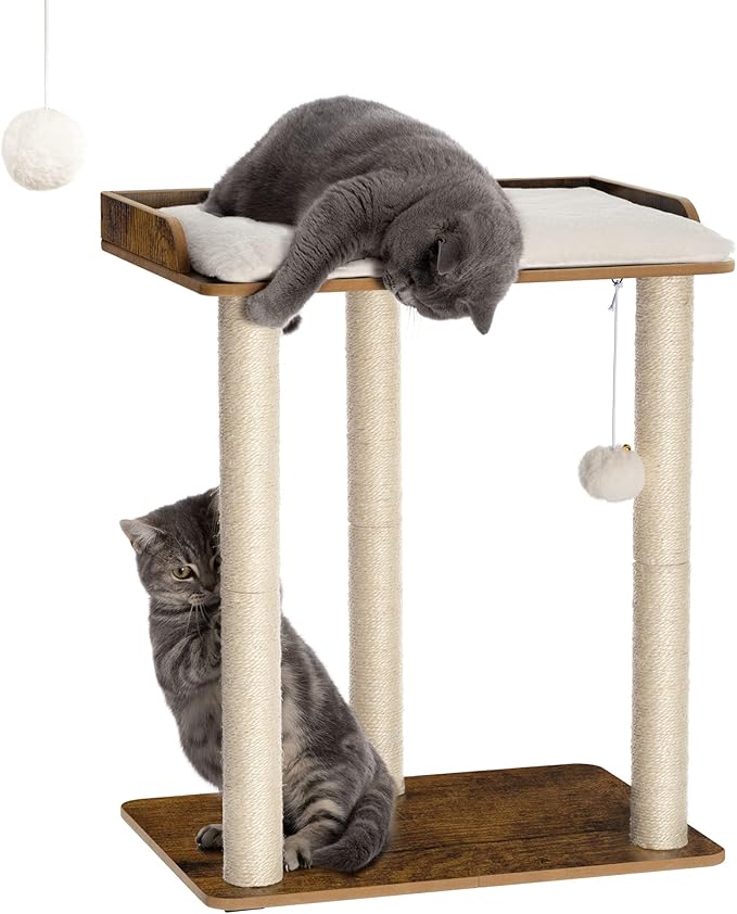 FourFurPets 26.7in Large Cat Tree Tower Condo, Cat Scratch Posts for Indoor Cats, Big Plate, Three 23.6in Full Sisal Scratching Posts, Rustic Brown
