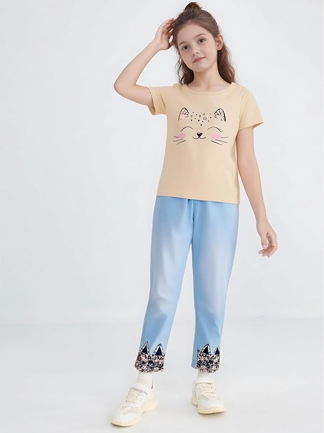 4-8T Toddler Girl Clothes Cat face print Short Sleeve Top+Pants Outfits Girl Spring and summer 2-Piece Set