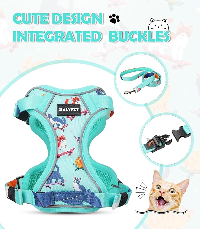 Halypet Cat Harness and Leash Set[MAX Safety 4th-Gen] Cute Escape Proof Vest Harness for Girl&Boy Cat Walking, Comfortable Adjustable Leash and Reflective Strips for Outdoor Kitten, S Purrfect Green