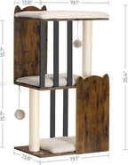 FourFurPets 35.4in 3-Tier Modern Cat Tree Tower Condo, Cat Scratch Posts for Indoor Cats, Big Plate, Two Full Sisal Scratching Posts, Rustic Brown