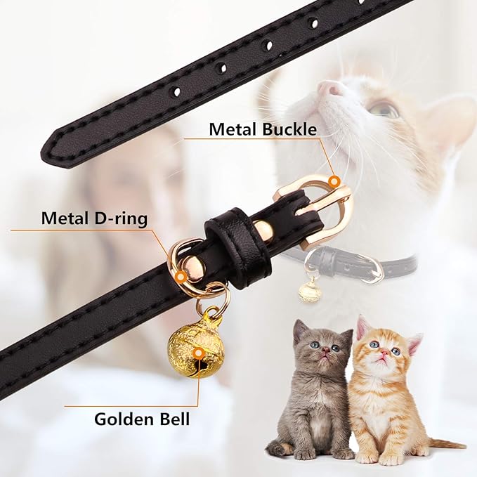 3 Pack Leather Cat Collars with Bells Soft Pet Safety Collar Kitten Collars with Bell Black Chocolate Beige(S)