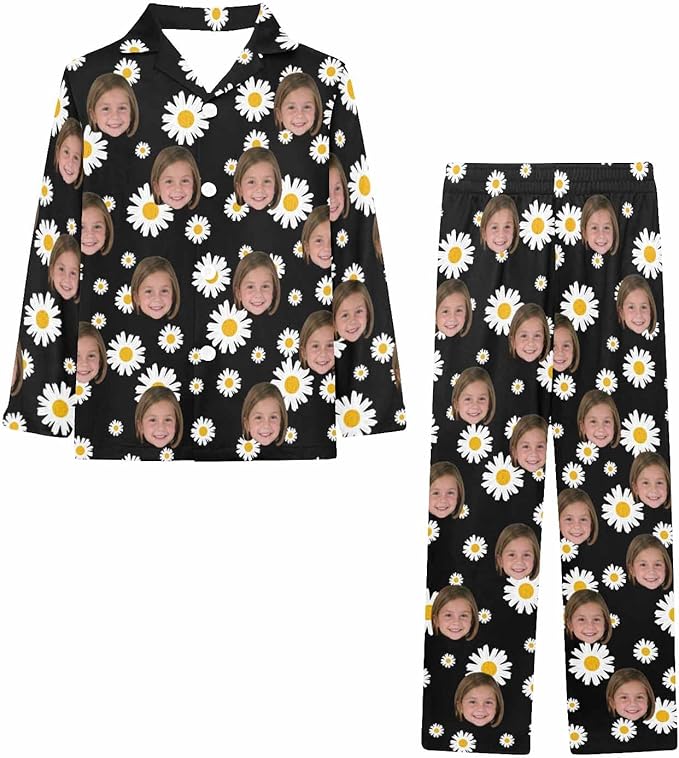 Artsadd Girls Pajamas Set Custom Face Pet Photo Long Sleeve Sleepwear Personalized Printed V-Neck Button-up Pants Nightwear