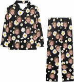 Artsadd Girls Pajamas Set Custom Face Pet Photo Long Sleeve Sleepwear Personalized Printed V-Neck Button-up Pants Nightwear