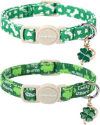 Lionet Paws 2pcs Pack St. Patrick Cotton Cat Collar,Breakaway Buckle with Clover and Bone Stick Cute Adjustable Green Cat Kitten Collar,Ideal for Girl Cats Boy Cats