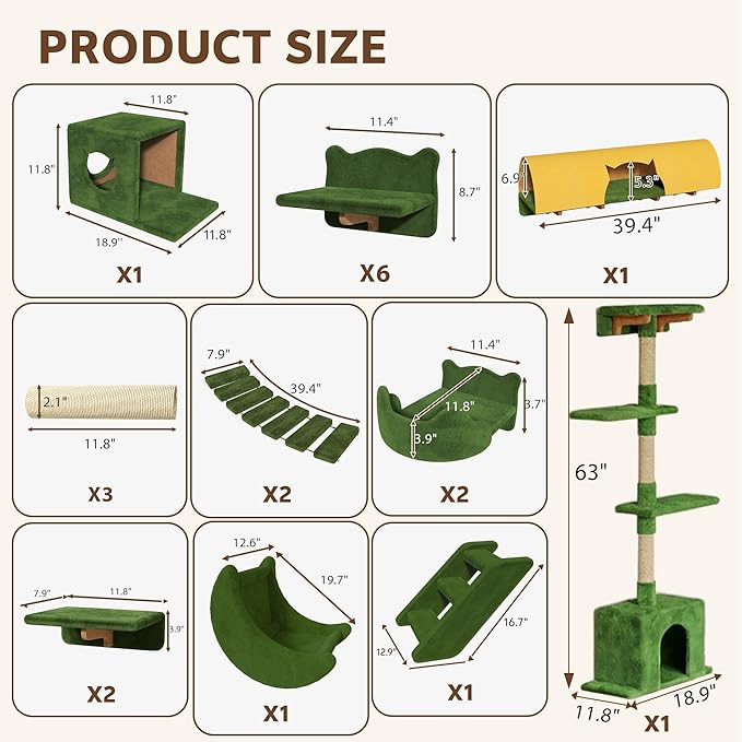 Cat Wall Shelves, Wall Mounted Pet Shelf Furniture w/Plush Fabric(20 Piece Set), 63''H Cat Tower w/Scratching Posts, Cats Furniture with 40''L Tunnel, Condos, House, Steps and Ladder, Green