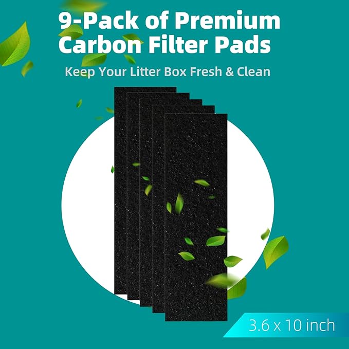 9-Pack 3.6" x 10" Carbon Filter Pads for Automatic & Dome-Style Cat Litter Boxes – Activated Charcoal Liners for Odor Control