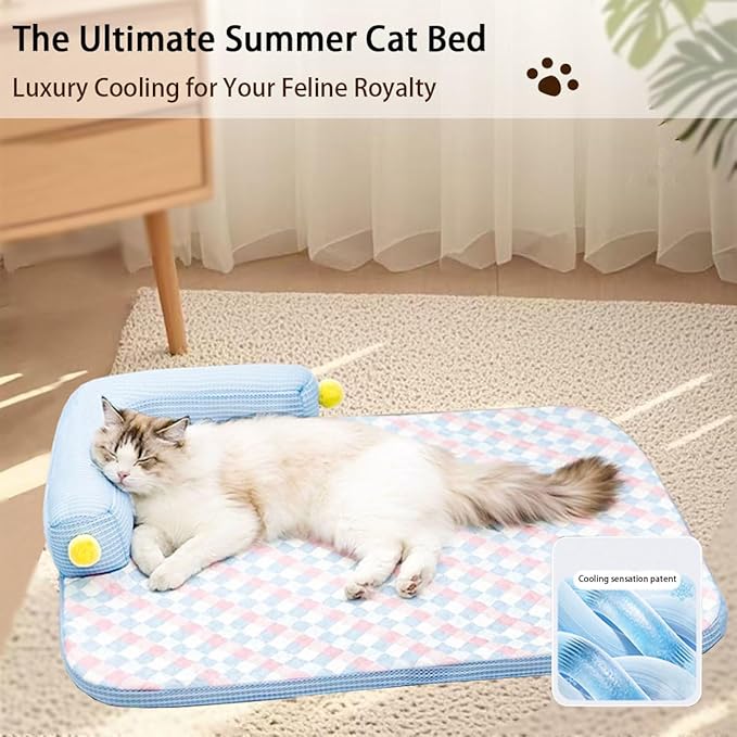 All-Season Ice Fabric Cat Bed with Cushioned Pillow/Play Ball/Washable Mat for Cats, Kittens & Small Pets (Blue, 21"x15"x4")