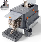 FURTIME Stainless Steel Litter Box with Lid, Large Enclosed Cat Litter Box for Big Cats, Metal Cat Box with High Sided Enclosure & Scoop, Front & Top Entry, Odor Free, Anti-Leakage, Grey