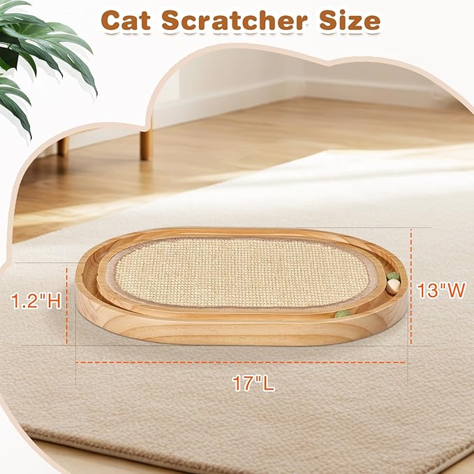 Oval Sisal Cat Scratcher with Ball Track - Woven Sisal Cat Scratching Pad & Interactive Cat Toy, Wooden Track with 3 Toy Balls for Indoor Cats, No Assembly Needed
