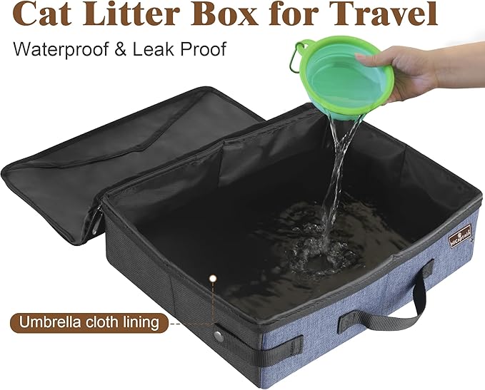 HiCaptain Portable Travel Litter Box, Foldable Cat Litter Box with Lid and Handle Standard Lightweight Collapsible Litter Carrier for Cat Travel(M,Black/Blue)