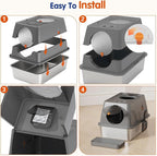 Stainless Steel Litter Box with Lid, XL Extra Large Cat Litter Box Enclosure, Front & Top Entry Covered Metal Cat Box with Steps & Scoop, Easy Cleaning