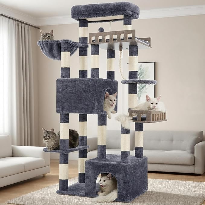 Maine Coon Cat Tree, Heavy Duty Cat Tree for Indoor Cats Large Adult, Cat Tower for Large Cats 20 lbs+ with Hammock, 2 Big Perches, 2 Cat Condos, 15 Scratching Posts, Smoky Gray GCT033G