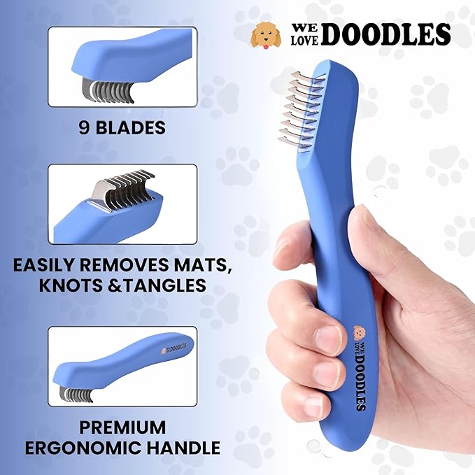 We Love Doodles Dematting Comb for Dogs - Dog Hair Mat Remover, Detangler Comb & Deshedding Tool, Removes Tangles, Knots, & Loose Hair, Metal Comb, Ergonomic Handle (9 Blade)