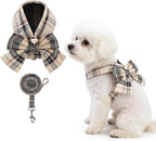 KOOLTAIL Small Dog Harness and Leash Set, Cute Puppy Vest Harnesses with Bowtie, Step in No Pull Soft Mesh Padded Adjustable Plaid Pet Harness for Extra-Samll Medium Dogs Cats, Boy Girl, XS-M, Beige S