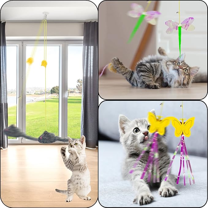 Cat Toys Indoor Hanging Door Retractable Bird Cat Toy for Kitten Fun Exercise Interactive String Feather Cat Toys for Hunting Chase (6 Pack)