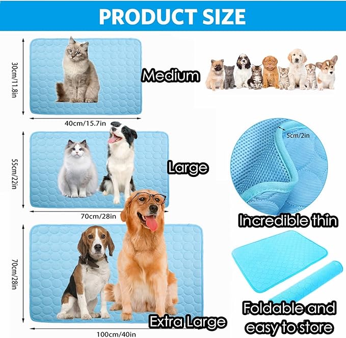 Mannice Dog Cooling Mat, Pet Cooling Mat for Dogs Cooling Blanket for Dogs Dog Cooling Pad for Kennels, Crates, Cars, Indoor & Outdoor Ice Silk Cooling Mat for Extra Large Dogs (Blue, XL(40 * 28"))
