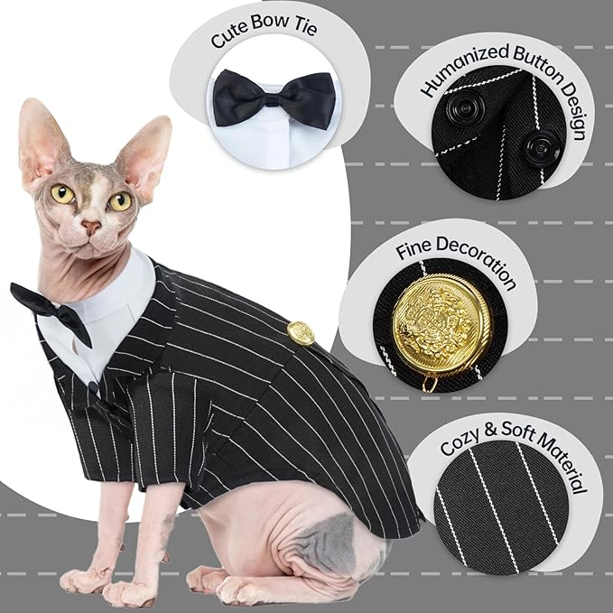 QBLEEV Cat Tuxedo Suit, Sphynx Cat Suit for Cat with Bow Tie, Cat Halloween Costumes for Cats Only, Kitten Formal Attire Wedding Birthday Onesie Clothes for Male Female Hairless Cats
