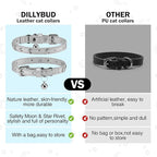 Leather Cat Collars for Boy Girl Cats with Bell and Safety Elastic Belt, Personalized Star and Moon Stud Adjustable Safe Buckle Collar for Kitty Small Big Cats Size 7-9 Inch, Silver Grey