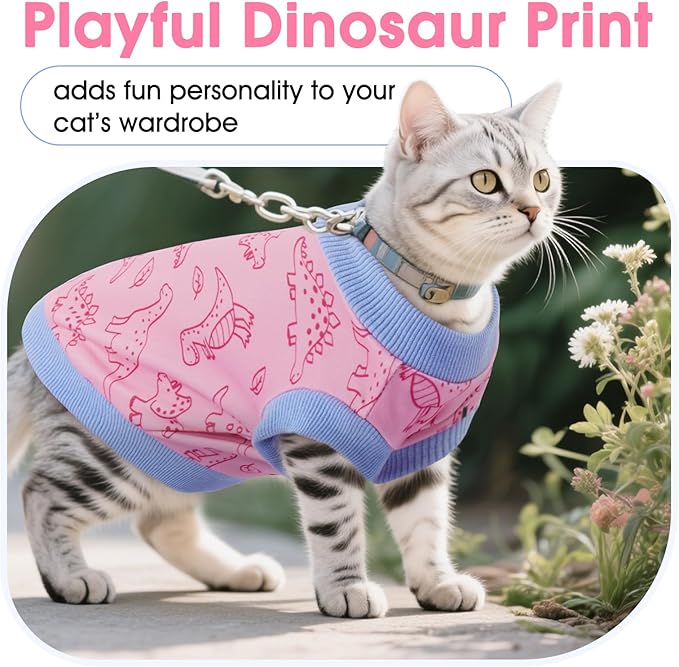 DENTRUN Sleeveless Cat Vest with Dinosaur Print, Breathable Ultra-Soft Dralon Fleece Cat Sweater, All-Season Pet Costume Apparel for Cats, Kitten Clothing for Indoor/Outdoor, Pink, M