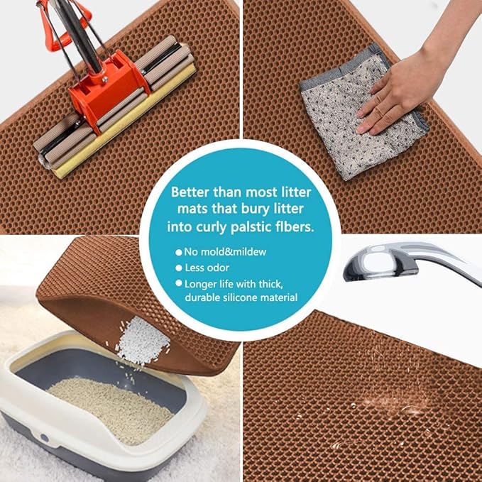 Cat Litter Mat, 30"X24" Large Double Layer Litter Trapping Mat, Waterproof/Urineproof, Easy to Clean Kitty Litter Mats for Floor, Scatter Control (Brown-1Pack)