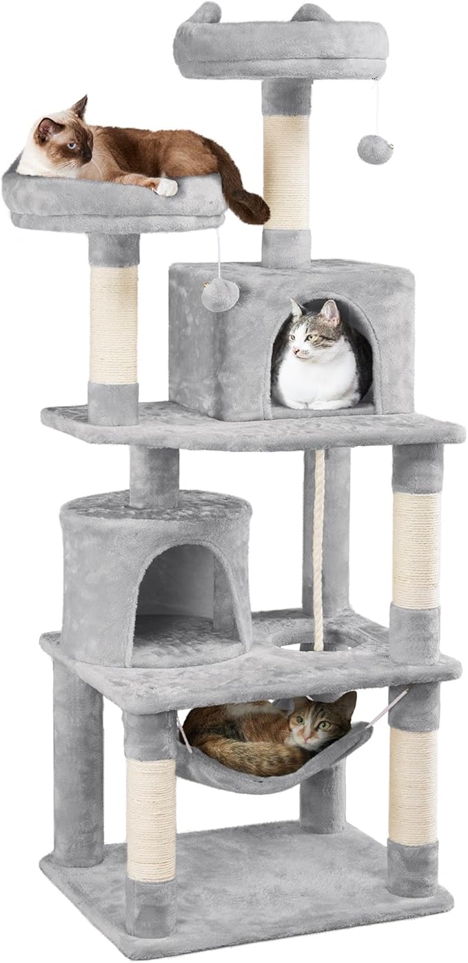 Yaheetech 62.5inches Cat Tree Cat Tower Cat Condo with Platform & Hammock, Scratching Posts for Kittens Pet Play House with Plush Perch for Indoor Activity Relaxing, Light Gray