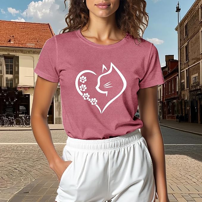 Cat Shirts for Women Cat Mom Tshirts Pet Lover Shirt Cats Paw Print Tee Tops