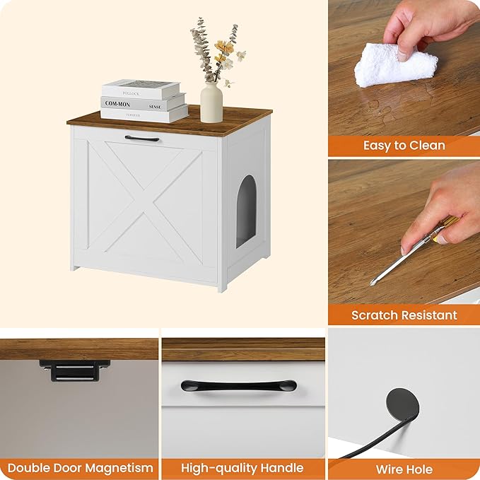 Dwanton Cat Litter Box Furniture Hidden, Cat Litter Box Enclosure, Reversible Entrance Can Be on Left or Right Side, Indoor Cabinet, Wooden Washroom, End Table, White and Warm Brown, 23.6" L