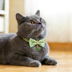 2 Pack Floral Cat Collars with Bow Tie and Bell Adjustable Breakaway Bowtie Cute Kitten Collar(Green & Yellow Flowers)