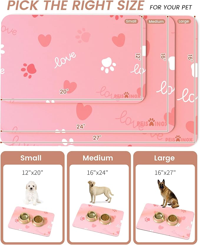 Cat Dog Food Mat, Rapid Water Absorption Dog Mat for Food and Water,100% Waterproof Cat Dog Bowl Mat,16"x24"-Pink