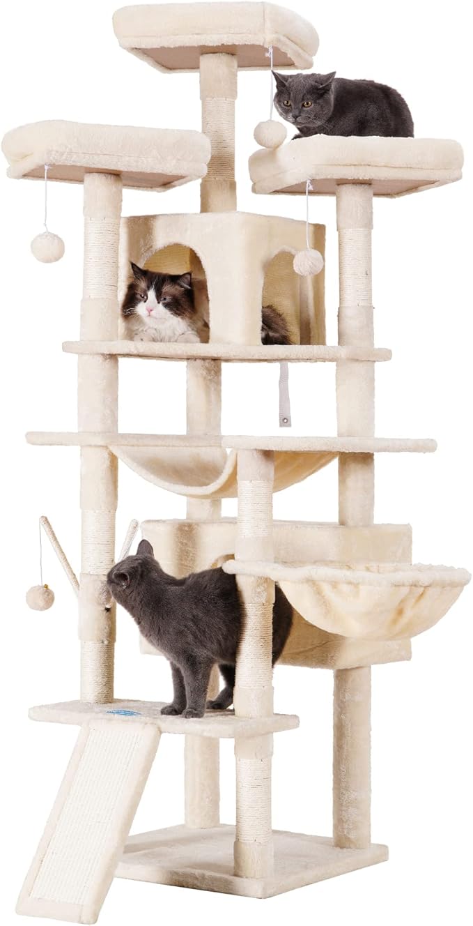 Hey-brother Cat Tree, 71 inches XL Large Cat Tower for Indoor Cats, Multi-Level Cat House with 3 Padded Perches, Big Scratcher, Cozy Basket, 2 Cat Condos and Scratching Posts, Beige MPJ034M