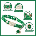 Cat Collar,2Pack St.Patrick's Day Cat Collars Cute Breakaway Kitty Collars,Spring Green Shamrock Cat Collar with Bell, Lucky Clover Kitten Collars with Safety Buckle for Girl & Boy Cats
