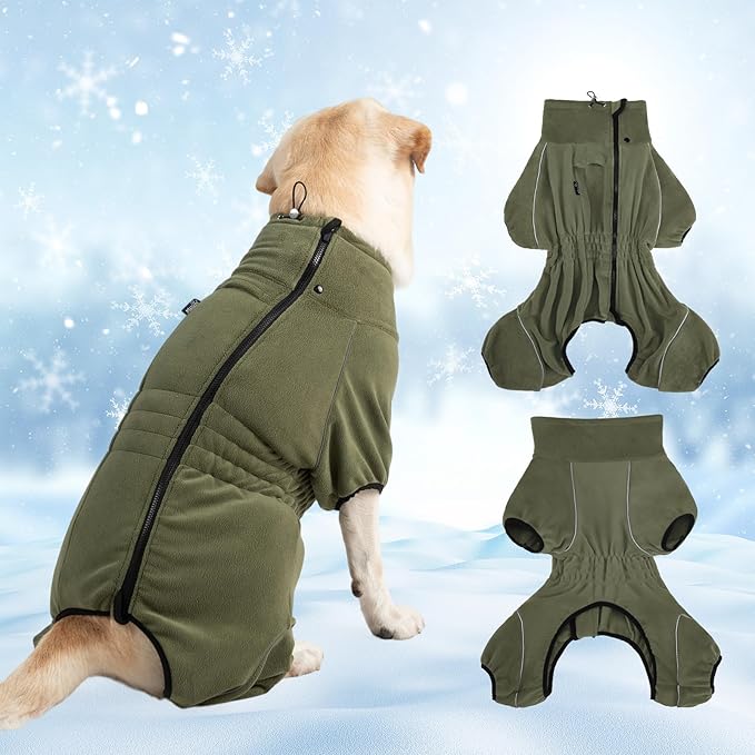 Mihachi Dog Snow Jacket Dog Coat Soft Fleece Pullover Pajamas, Pet Windproof Warm Cold Weather Jacket with Zipper, Reflective Jumpsuit Apparel Outfit Clothes for Large Dog, Army Green XL