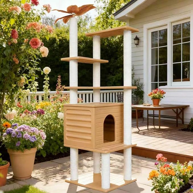 63 Inches Tall Cat Tree for Outdoor and Indoor Cats, Weatherproof Large Cat Condo with Scratching Posts