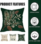 Fahrendom Winter Vibes Green Decorative Throw Pillow Covers 18 x 18 Set of 4, Let It Snow Pine Cones Needle Berry Porch Patio Outdoor Pillowcase, Christmas Seasonal Sofa Couch Cushion Case Home Decor
