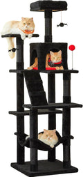 MWPO Gothic Cat Tree for Indoor Cats, 63.8 Inches Multi-Level Cat Tower with Sisal-Covered Scratching Posts, Padded Platform, Hammock, Dangling Toys, Stable Cat Condo Pet Play House, Black