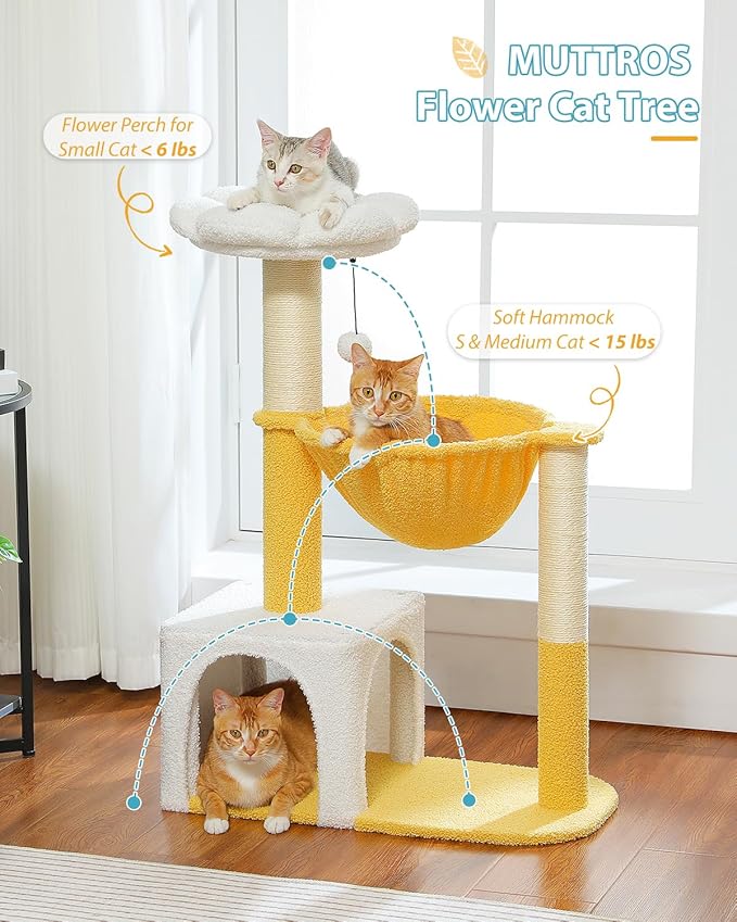 Cute Cat Tree with Flower Top Bed - Cloud Scratching Posts, 35" Small Cat Tower with Large Metal Frame Hammock for Indoor Cats, White Cat Condo for Kittens, Yellow