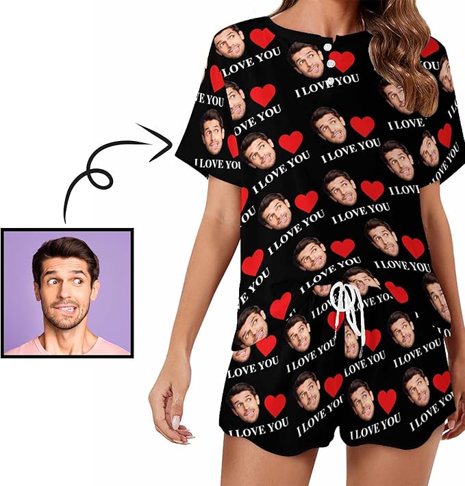 Custom Short Pajamas Set with Face Photo Women‘s Sleepwear Tee Personalized PJ Short Loungewear Set fot Her